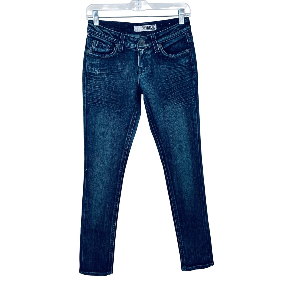 White Tag Premium Denim Girls Dark Wash Skinny Jeans Purple Stitching Size 5